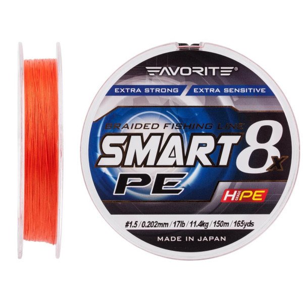 Шнур Favorite Smart PE 8x 150м (red orange) #1.5/0.202 mm 17lb/11.4 kg