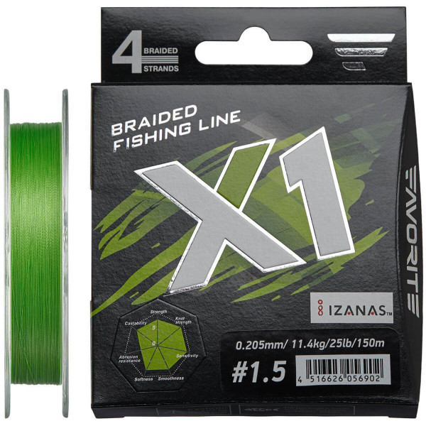 Шнур Favorite X1 PE 4x 150m (l.green) #1.5/0.205 mm 25lb/11.4 kg